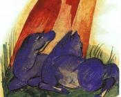 弗朗茨 马克 : Two Blue Horses in front of a Red Roc